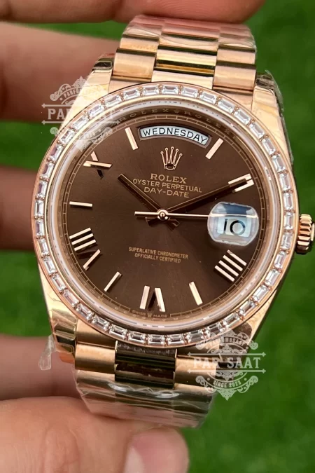 Rolex Day-Date Chocolate Roman Baget Taşlı Bezel