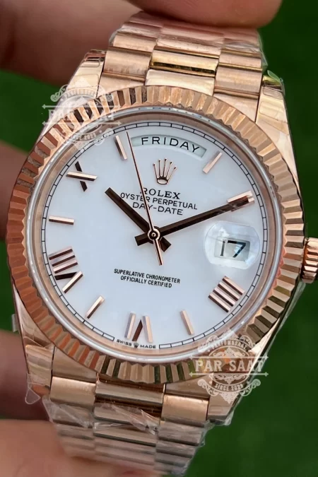 Rolex Day-Date Rose White Dial Fluted Bezel 228235